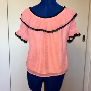 Vixen by Micheline Pitt Pink Peasant Chiffon Top with Black Lace size XS NWT